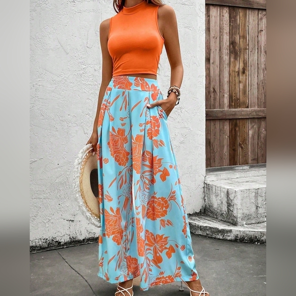 Stand Collar Vest And Floral Print Wide Leg Pants Casual Two-Piece Set - Picture 3 of 5